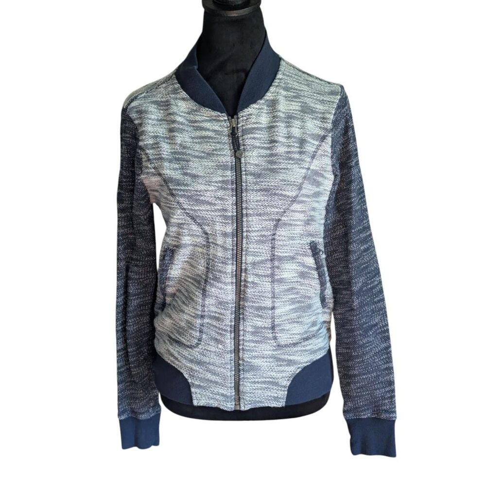 Athleta Bombastic Slub Knit Bomber Jacket M Marled Gray Navy 100% Cotton